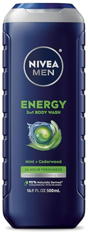 NIVEA MEN Energy Body Wash with Mint Extract, Cedarwood and Mint Scent, 3-in-1 Men's Body Wash, Face and Hair, Paraben Free, Vegan Formula, 16.9 Fl Oz Bottle