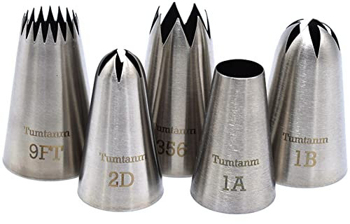 Tumtanm 9FT 1B 356 1A 2D# Seamless Stainless Steel Piping Icing Tips, 5 Pack Extra Large Piping Nozzles Cupcake Decorating Kit