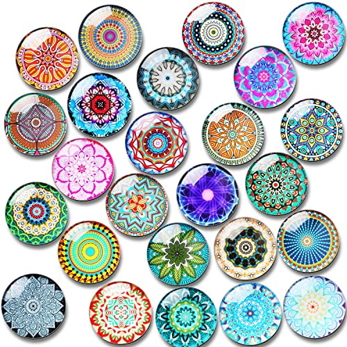 SOSMAR - 24er Set Kühlschrankmagnete - Dekorative Glascabochons Glasmagnete mit Mandala Muster Pastell Bunt 3D Magnete für Kühlschrank, Magnettafel, Whiteboard, Pinnwand etc. (Rund/30mm)