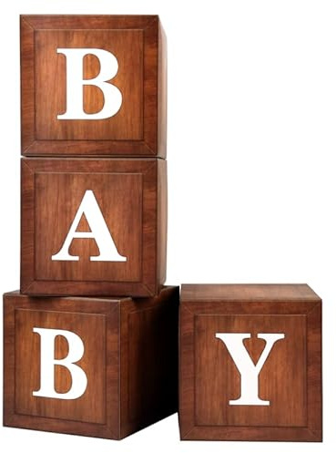 Wood Baby Shower Boxes Party Decorations - 4 Wood Grain Brown Blocks with Printed BABY Letters, Gender Reveal Backdrop,Teddy Bear Baby Shower Supplies, First Birthday Centerpiece Decor