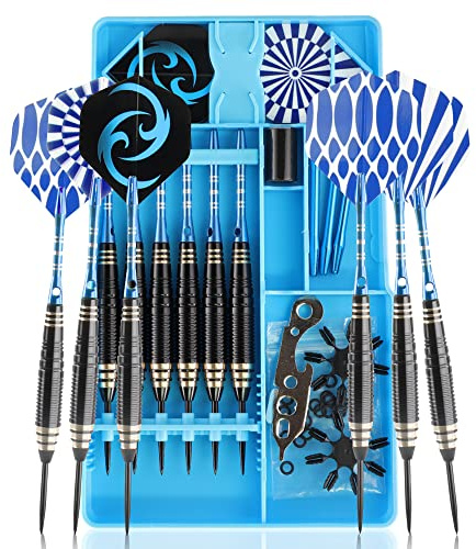 CareGames Set di freccette con punta in acciaio, 24 g, con custodia per il trasporto e accessori extra, nero/blu/verde