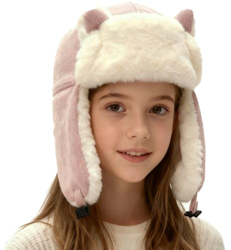 YJZQ Enfant Chapka Hiver Bonnet du Ski pour Fille Garçon Cagoule Peluche Chaud avec Cache Oreilles Chapeau Forme Chaton pour bébé 5-14 Ans (Rose)