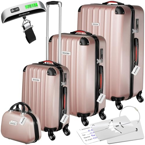 tectake® Juego de 4 Maletas Rígidas con Báscula y Etiquetas de Equipaje, 3 Trolleys y 1 Neceser, Set de Maletas de Viaje con Ruedas de 360º, Cerradura de Combinación, Apilables Entre sí - Oro Rosa