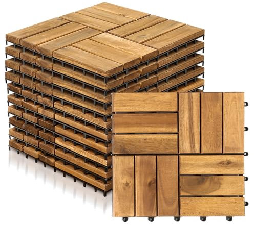 Jopassy 11 Stück Holzfliesen Balkon, 1 m² Balkon Bodenbelag 30x30 cm | Holzfliesen Mosaik aus Akazienholz, Balkonfliesen Terrassenfliesen für Garten, Balkon, Terrasse | 12 Latten