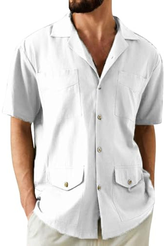 Camisa de Hombre de Manga Corta Camisa de Lino Camisas Casuales Cuello Cubano Mangas Cortas Camisas de Color sólido Camisas con Bolsillos Camisa de Verano Camisa Informal para Hombre 's Cargo Camisa