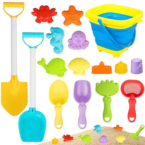 Grantop 16-Teiliges Strand Sandspielzeug Set,Bunte Strandspielzeug Kinder Enthält Faltbar Strandeimer Sandform Sandschaufel,Sand Burg Spielzeug,Sandkasten Spielzeug für Mädchen und Junge ab 3