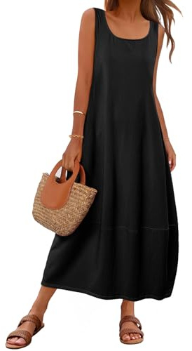 MEROKEETY Maxi Abito Estivo da Donna Senza Maniche Casual 2025 con Scollo Rotondo Ampio Prendisole da Spiaggia, Nero, XL