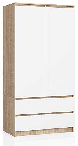 AKORD Armoire 2 Portes | Armoir Chambre 2 Tiroirs avec Etagères et Une Tringle | L90 x H180 x P51 cm | Panneau Stratifié 16mm | Armoire sans Penderie Chambre | Dressing Rangement Placard