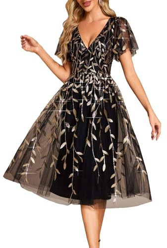Ever-Pretty Abito Cerimonia Donna Paillettes Scollo a V Vita Impero Vestito Cerimonia Abiti da Sposa Donna Oro Nero 48