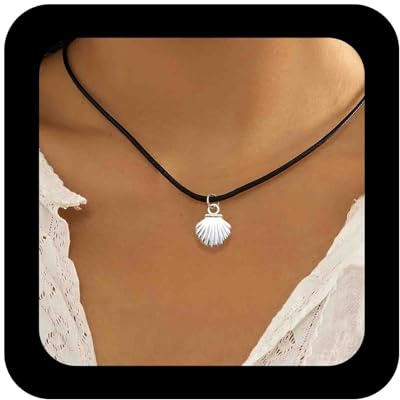 Enautoabs Boho Nero In Pelle Corda Girocollo Argento Conchiglia Collana Ciondolo Smerlo Conchiglia Conchiglia Stella Marina Collana Spiaggia Conchiglia Smerlo Collana Gioielli Per Le Donne