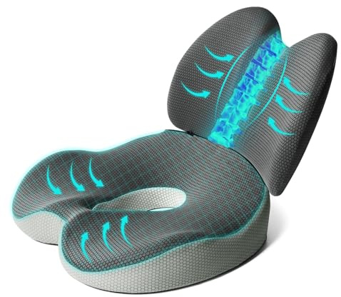2 en 1 Cojín de asiento y almohada de apoyo lumbar, cojín ergonómico de espuma viscoelástica para silla de asiento y soporte de espalda para coxis, ciática, hemorroides, coxis, alivio del dolor