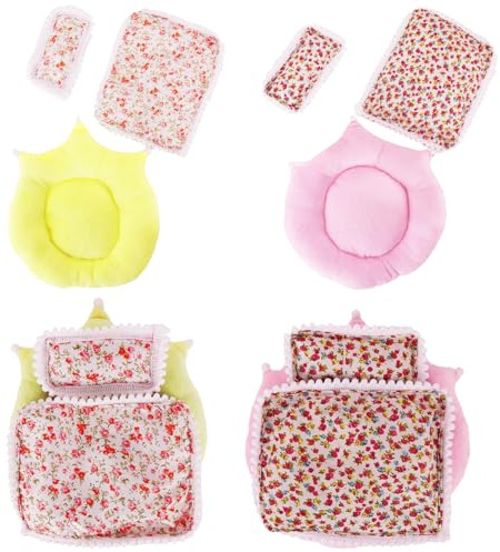 Xerteam 6 Pcs Bedding Set for 17cm Plush Dolls, 2 Sets Doll Accessories Include Pillow, Blanket, Mat, Suitable for 10-17cm Plush Dolls and 12-14 Inch Bears, Pretend Play Gifts for Kids (Yellow, Pink)