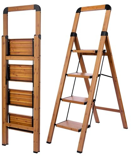 BIBKOKE Escalera Plegable de Aluminio con Acabado de Grano de Madera, 4 escalones, Antideslizante, portátil, Resistente para el hogar y la Cocina, Oficina, 330 Libras