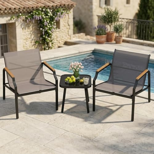 GOPLUS Salon de Jardin Exterieur 2 Personnes, Table Basse en Verre Trempé avec Chaises en Tissu,3 Pcs Salon de Bistro Extérieur Moderne pour Balcon, Jardin, Bord de Piscine