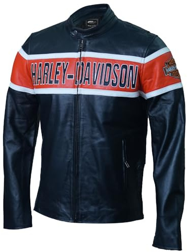 Vintagearc Men's Black & Orange Cowhide Leather Biker Jacket – H-D Inspired Motorcycle Style with Embroidered Logo and Snap Collar (UK, Alpha, 4XL, Regular, Regular)