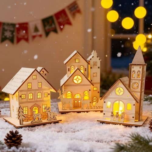 Weihnachtsdorf mit Beleuchtung, 3er Set DIY Miniatur Weihnachtshaus, Weihnachtsdeko Holz Holzfarbe, Weihnachtsstadt Beleuchtet, ideal Weihnachtsdeko Tisch Zimmer Anhänger (A)