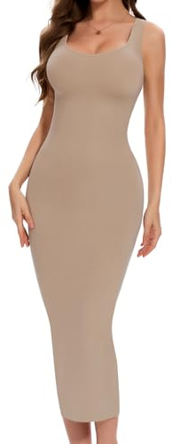 Ellareese Nuisette gainante pour femme avec contrôle du ventre et fente Robe longue à bretelles spaghetti, beige, S