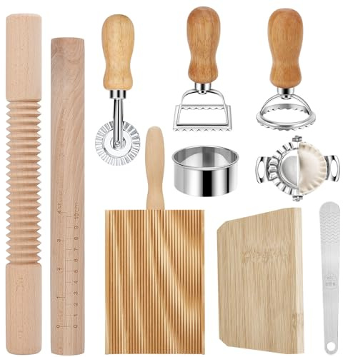 ANTREATU 10 PCS Pasta Making Tools with Ravioli Stamp Cutters, Gnocchi Board, Wooden Rolling Pin & Dumpling Maker Pasta Making Kit for Dumplings and Ravioli