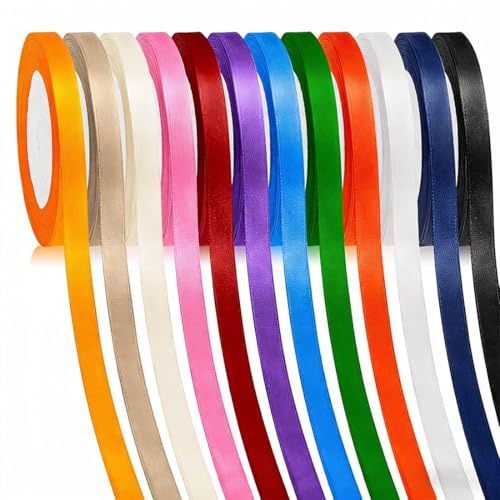12 Colours Polyester Satin Ribbon, 10mm x 22m Each - for Gift Wrapping, Crafting, Hair, Balloon, Christmas, Wedding & Birthday Fabric Ribbons
