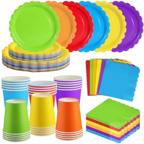ZblPyro Set Stoviglie per Feste Colorate (30 Ospiti), con Piatti di Carta Ondulati 23cm e 18cm, Bicchieri di Carta, Tovaglioli, Per Feste Bambini e Compleanni