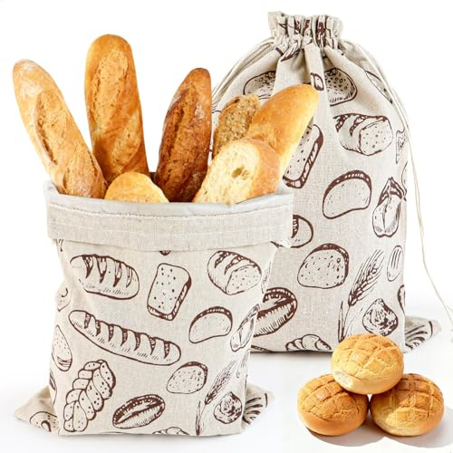 Bolsa Pan, Bolsa Para el Pan, Juego de 2 Bolsas Tela y Forro Interior de TPU, Bolsa Pans con Cordón Reutilizables, Bolsa Cordón Lino para Ideal Pane Fresco Frutta Verdura