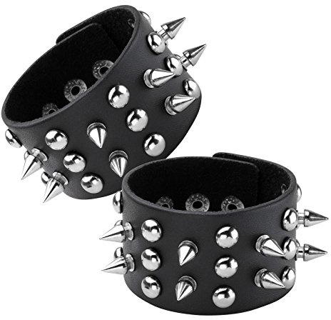 Eigso 2 Pcs Spikes Studded Leather Bracelets for Men Women Punk Biker Bracelet Set with Rivets.