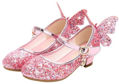 YOSICIL Zapatos de Princesa Bowknot para Niños Zapatos Bailarinas Sandalias de Vestir Tacón Alto Zapatos de Lentejuelas Hebilla Zapatillas para Disfraz Fiesta Cumpleaños Carnaval,Rosa,26