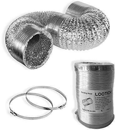 LOOTICH Robust Ø 79mm Längd 2,5m Oisolerad Flexible Luft Ventilationsslang i Aluminium för HVAC-ventilation 2 Klämmor i Rostfritt Stål Ingår