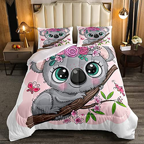 Erosebridal Cartoon Koala Comforter Set Twin Size, Cute Koala Bedding Set, Cherry Blossom Rose Quilted Duvet for Kids Baby Toddler, Nursery Quilt Set, Butterfly Branch Leaves Duvet Set