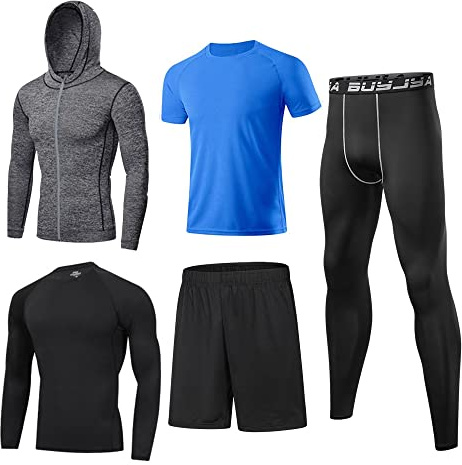 BUYJYA 5 st kompressionsbyxor för män skjorta topp långärmad jacka atletiska set gymkläder herr träning