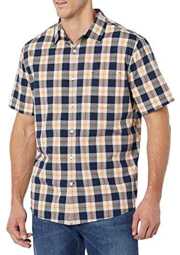 Amazon Essentials Men's Short-Sleeve Stretch Poplin Shirt (Available in Big & Tall), Navy Peach Plaid, 3XL Plus