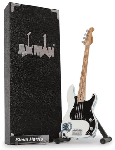 Axman Steve Harris (Maiden): Basgitarr – miniatyrgitarrkopia – musikgåvor – handgjord dekorativ skala 1/4 – inkluderar en displaybox, namnbricka och miniatyrgitarrstativ