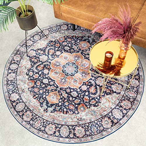 FRAAI | Home & Living Teppich Vintage Rund - Imagine Medaillon Blau - Baumwolle, Polyester - Flachgewebe - Vintage, Orientalisch - Wohnzimmer, Esszimmer, Schlafzimmer - Carpet