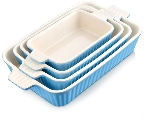 MALACASA Casserole Dishes for Oven, Porcelain Baking Dishes, Ceramic Bakeware Sets of 4, Rectangular Lasagna Pans Deep with Handles for Baking Kitchen, Blue (9.4/11.1/12.2/14.7), Series BAKE.BAKE