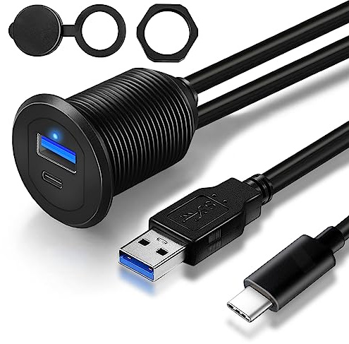 GOBGOD Type C 3.1 & USB 3.0 Car USB Port Mount Flush Cable Male to Female, Dashboard Panel Extension Cable for Car Boat Motorcycle with LED Indicator (1 feet)