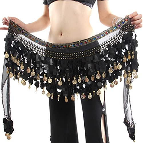 Wuchieal Women's Belly Dance Hip Scarf, Sweet Belly Dance Skirt Wrap Performance Bling Sequins Coins, Belly Dance Costume (One Size, Black with Black Coins & Colorful Gemstone)