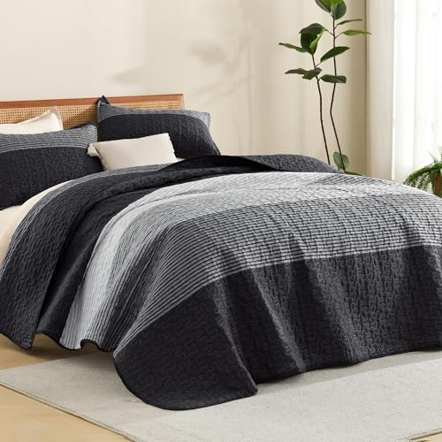 Litanika Quilt Queen Size Black, Grey and White, Gray Stripe Patchwork Summer Bedspread Coverlet 3 Pieces, Soft Lightweight Polyester Comforter Bedding Set for All Season(1 Quilt, 2 Pillowcases)