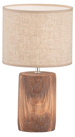 Fischer & Honsel Tischleuchte, Malik | Holzfarben Mit Struktur| Stoffschirm| Sandfarben Leinen | H: 43 cm, D: 24 cm | Mit Schnurschalter | 1x E27 max. 40 Watt exkl. Leuchtmittel | 50742