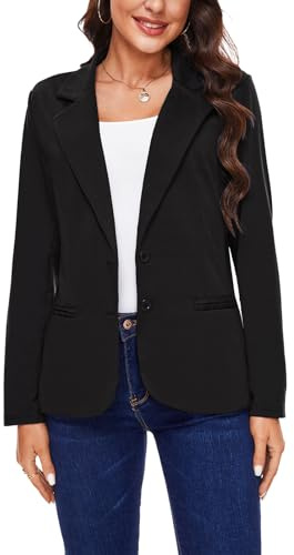 MINTLIMIT Women's Button Front Jersey Blazers Lapel Cardigan Long Sleeve Knitted Blazer Jackets with Pockets (Black, Size L)