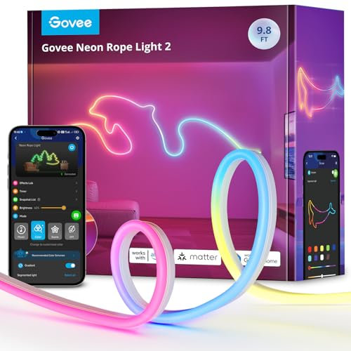 Govee Neon Rope Light 2, 3m RGBIC Neon LED Strip Lights with Shape Mapping, Work with Matter, Alexa and Google Assistant, LED Rope for Wall Decor