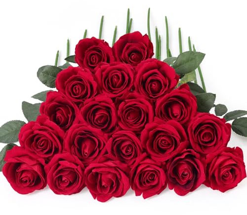 Serwalin 20pcs Velvet künstliche Seidenrosen, realistische Rosen mit langem Stiel, gefälschte Rosen Real Touch Bouquet für Home Decor, Hochzeit, Tisch Centrepiece und Weihnachten Tag