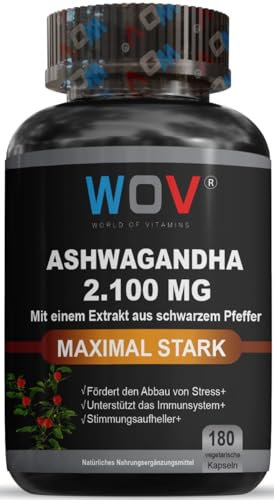 WOV Bio Ashwagandha Kapseln 180 Stück - Hochdosiert: 2100 mg (KSM-66) + BioPerine - Vegan & Laborgeprüft - Für Stressabbau, Ausgeglichene Stimmung & Mehr Energie