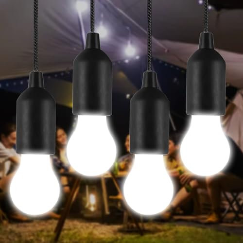 MVIOCS LED-Zugschnur-Glühbirne, 4 Stück, LED-Camping-Laterne, hängende Zeltlampe, Glühbirnen für Camping, Wandern, Heimdekoration, Hurrikan-Notfall, Stürme, Ausfälle und mehr (4 Stück, schwarz)