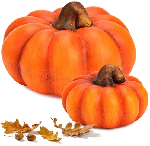 Kürbis Set in leuchtendem Orange, Herbstdeko, Handgemachte dekorative Kürbisse aus Ton für Innen und Draußen, wetterfest und langlebig, Zierkürbisse 10 und 16 cm, perfekte Halloween-u
