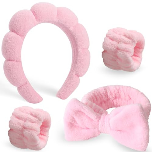DRESHOW Diadema Spa para Lavarse la Cara Set de Muñequeras Esponja de Toalla de Rizo Suave Maquillaje Cuidado de la Piel Diadema Antideslizante para Mujeres Niñas Talla única