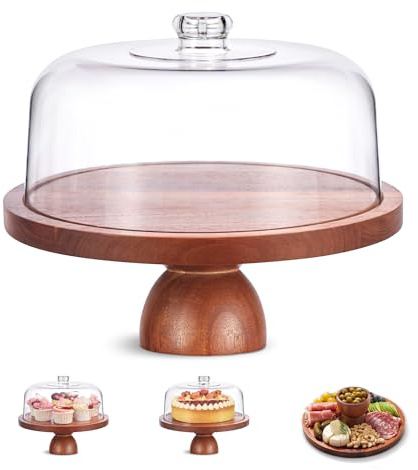 Kootek Wood Cake Stand with Lid, 2-in-1 Wooden Cake Plate & Covered Charcuterie Board, Footed Cake Container Dessert Display Holder with Dome Cover for Weddings, Parties, Bakeries (12 Inch)