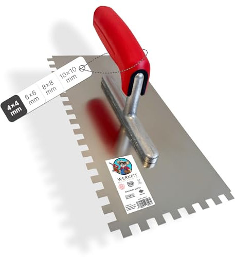 WERKFIT Truelle dentée en acier inoxydable 4 mm – Truelle dentelée inoxydable – Spatule à dents avec poignée souple – Truelle fabriquée en Autriche 280 x 130 mm (4 x 4 mm)