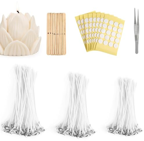150 Cotton Candle Takeling Set - 12.10.15 cm Wrap Holder, Aromatherapy Stickers, Tweezers, 8 Stickers, Perfect for Making Soy, Beeswax, Wax Candles