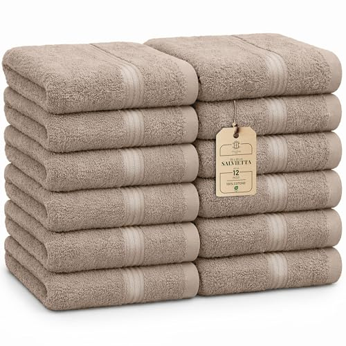 HomeBurg Luxe set med 12 tvättlappar – 100% bomull, mjuka och absorberande, lättskötta, premium för ansikte, 30×30 cm, Sand/Beige