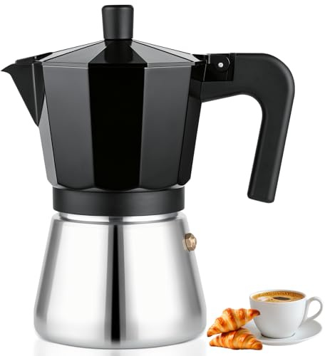 Cozary Caffettiera Moka Induzione, Caffettiera Italiana 6 Tazze, in Alluminio con Fondo Inox e Valvola di Sicurezza, Manico Ergonomico per Cucina e Camping, Nera